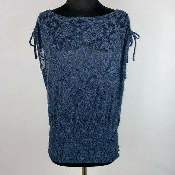 Anthro Deletta XS Navy Blue Loretta Knit Lace Mesh Sheer Banded Hem Top - Picture 2 of 12